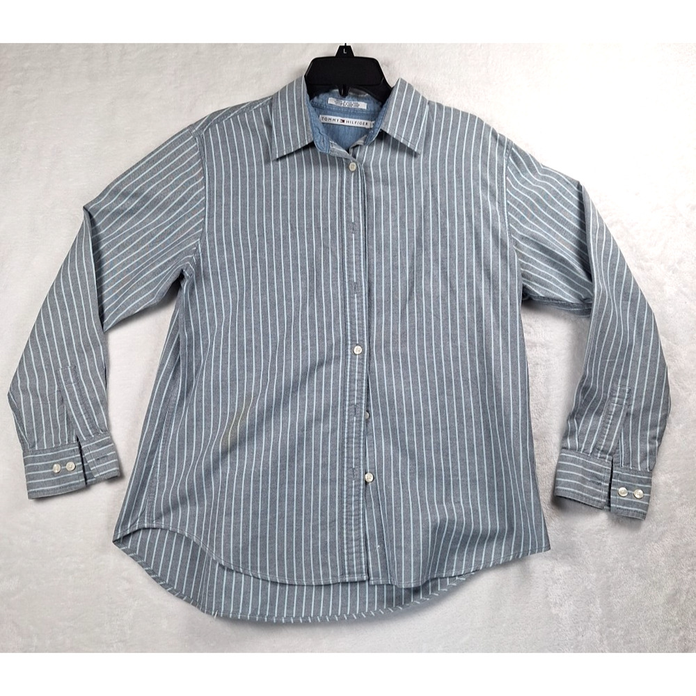 Mens M Blue Lined Tommy Hilfiger Button Down Long Sleeve Shirt